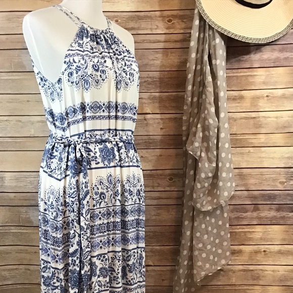 LOFT Blue and White Sundress Sleeveless Scoop Neck - Picture 2 of 8